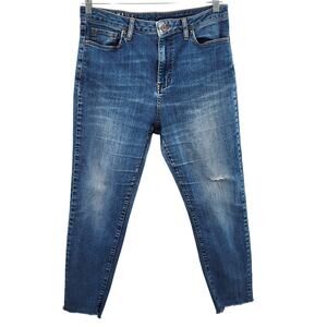 M&S Indigo Blue Jeans Medium Wash Skinny Ankle Mid-Rise Raw Hem Women's 42 (EU)